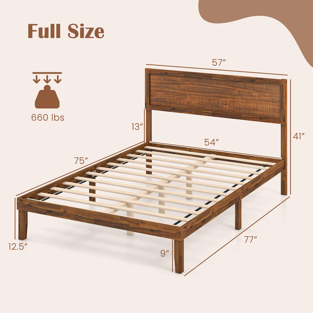 Wooden Bed Frame with Headboard & Slats - Full, Brown
