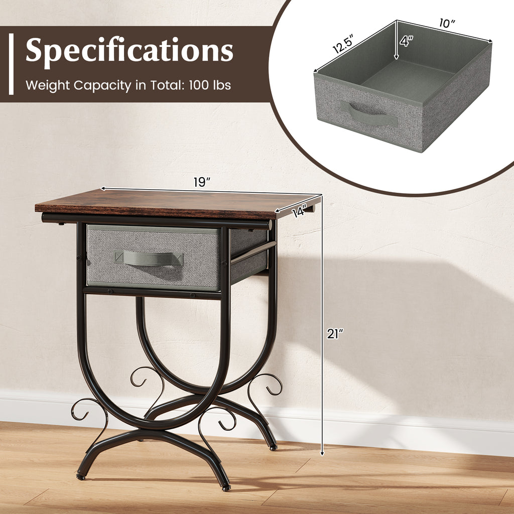 Side Table with Fabric Drawer - Rustic Wood & Metal Frame