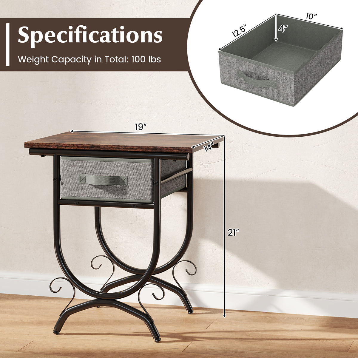 Side Table with Fabric Drawer - Rustic Wood & Metal Frame
