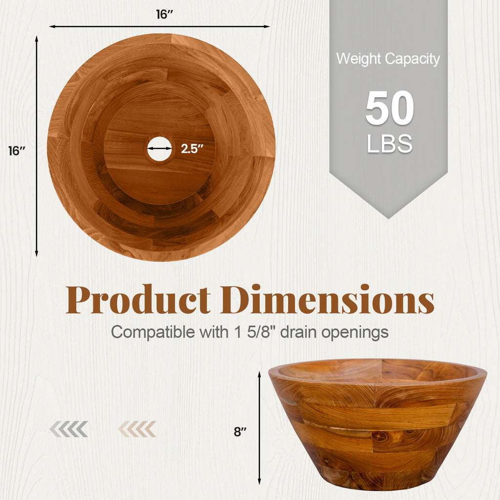 16 Inch Teak Wood Washbasin with Drainage Hole and Smooth Finish