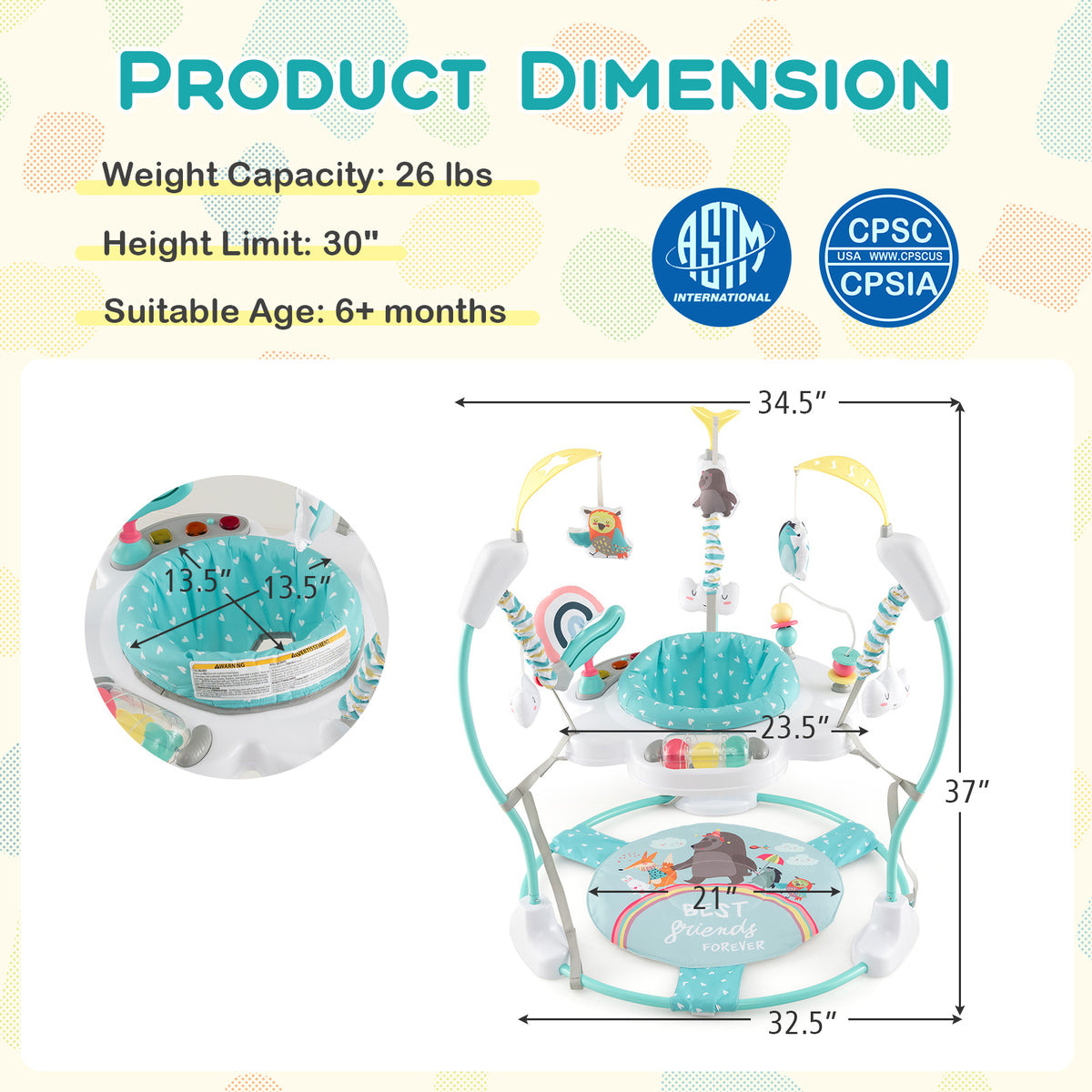 Height Adjustable Baby Bouncing Saucer with Interactive Toys - Blue Variation