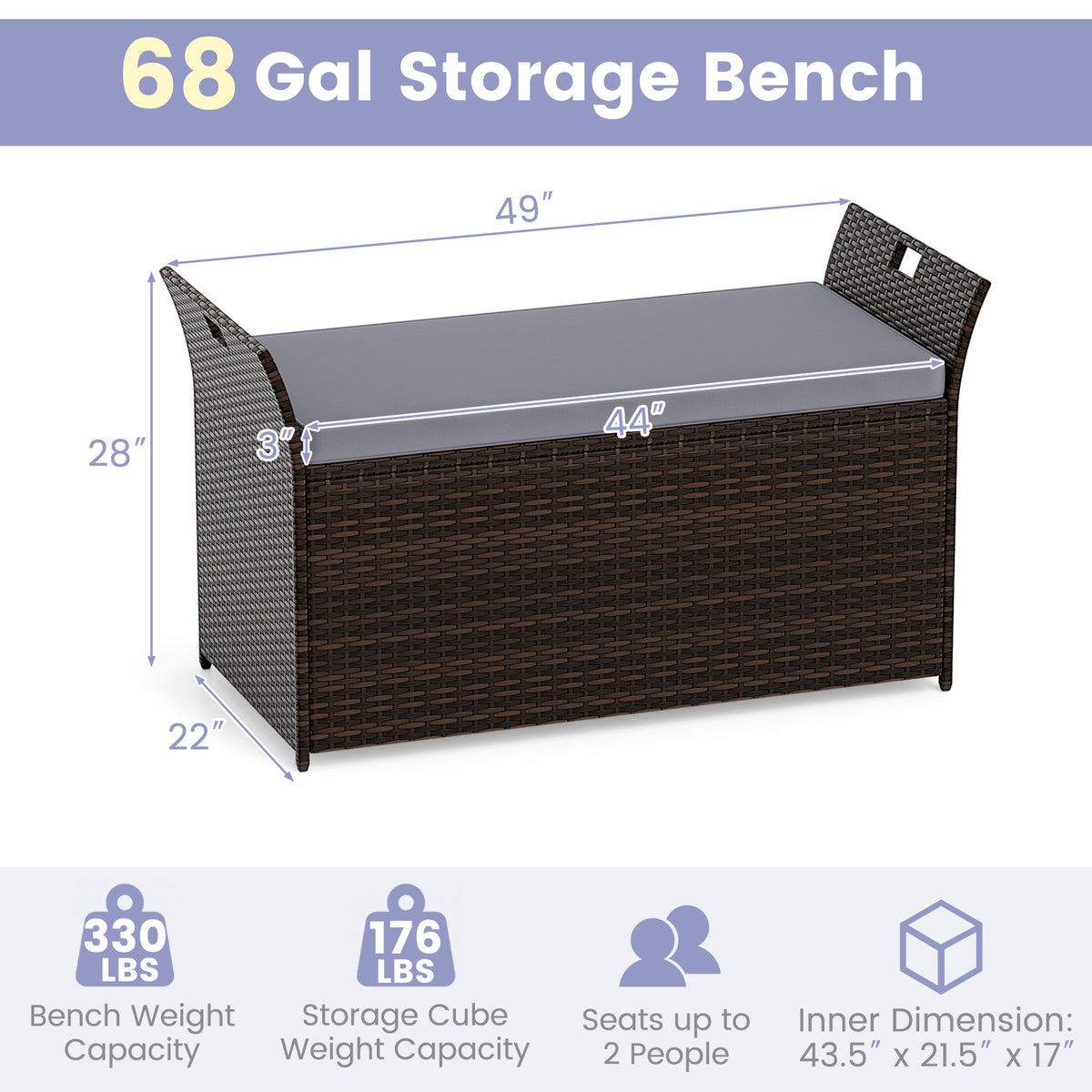 Outdoor Bench with Hand-woven PE Rattan Wicker and Side Handles