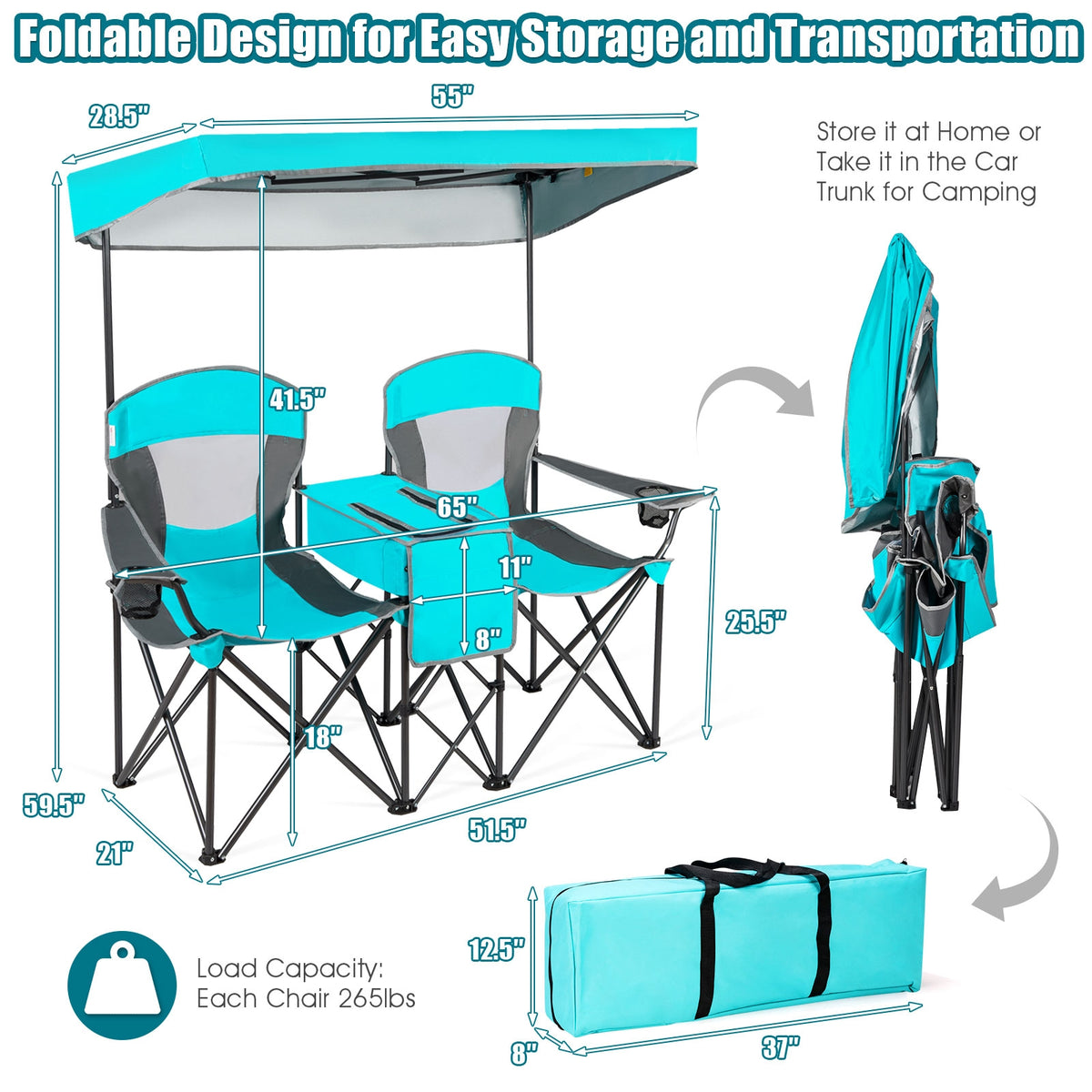 Portable Folding Camping Chair with Canopy - Turquoise