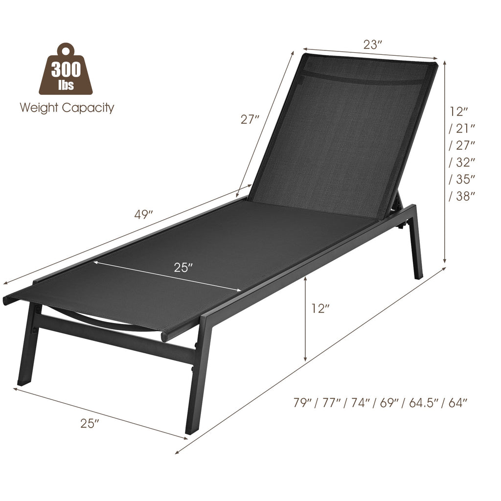 Outdoor Reclining Chaise Lounge Chair 6-Position Adjustable – Black