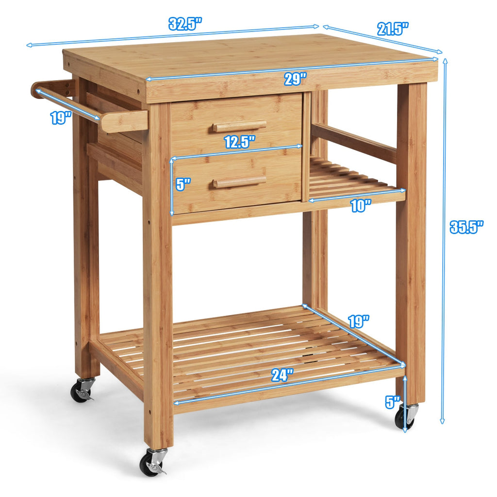 Bamboo Kitchen Trolley Cart with 2 Drawers