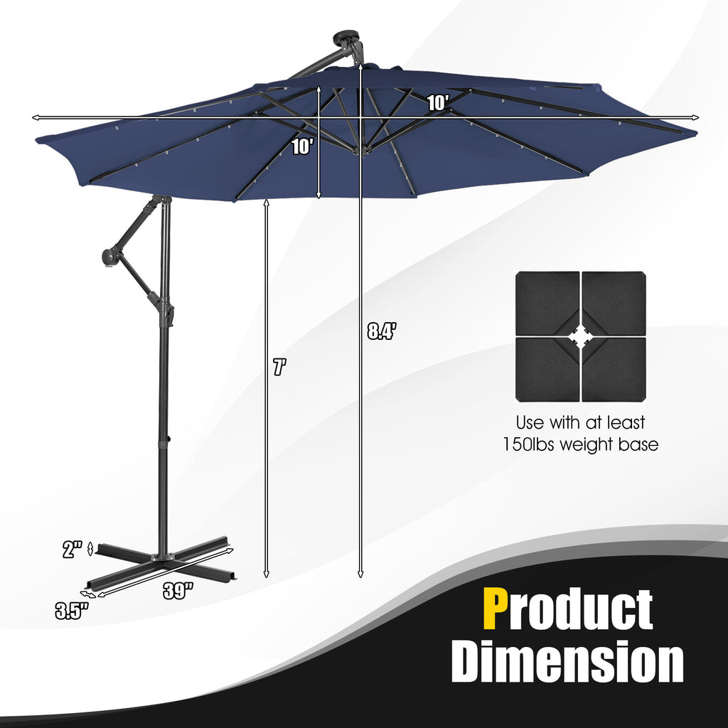 10 x 8.4 Feet Cantilever Patio Umbrella with Solar Lights - Navy