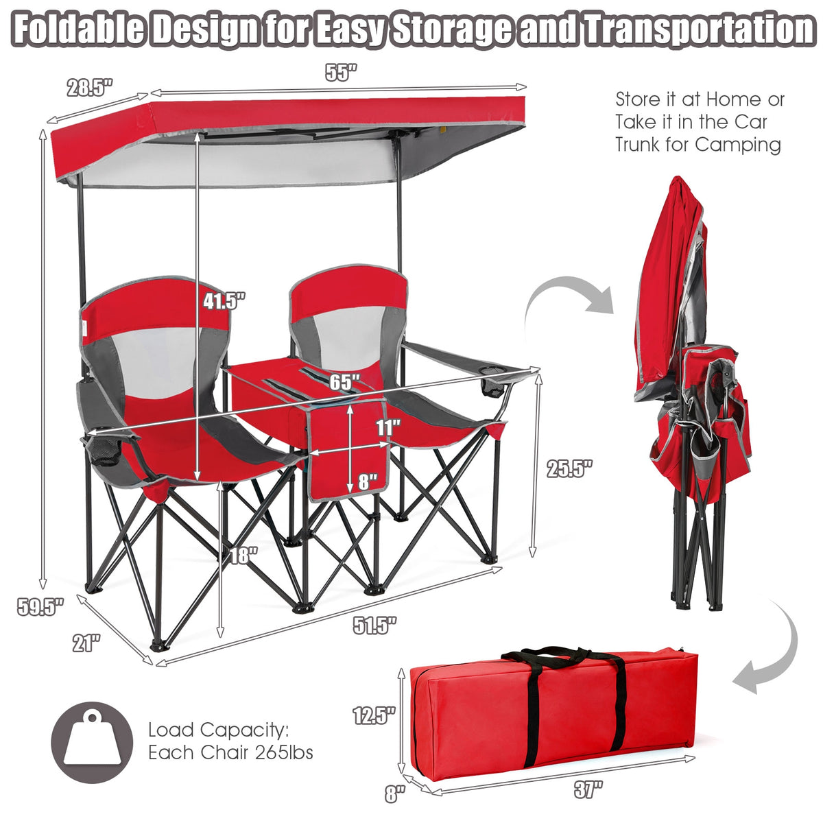 Portable Folding Camping Chair with Canopy & Cup Holder - Red