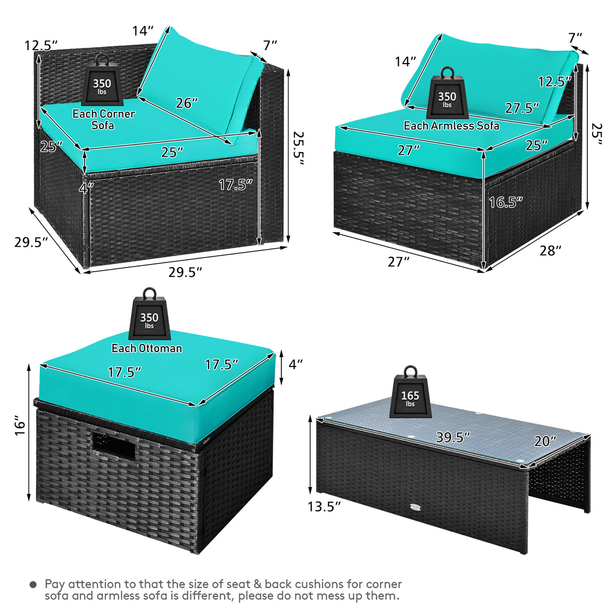 8-Piece Patio Furniture Set with Storage Box & Cover - Black Rattan, Turquoise