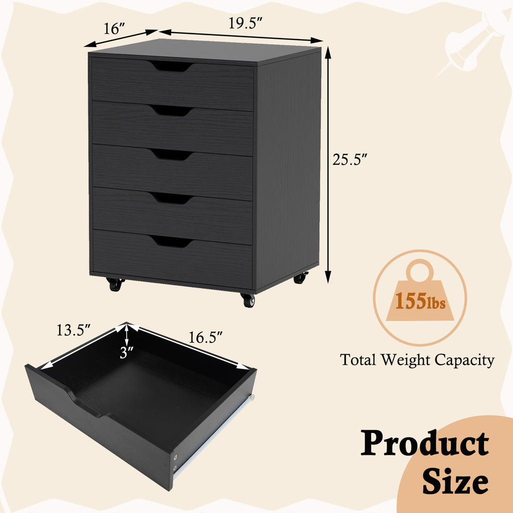 5-Drawer Mobile File Cabinet with Wheels - Black