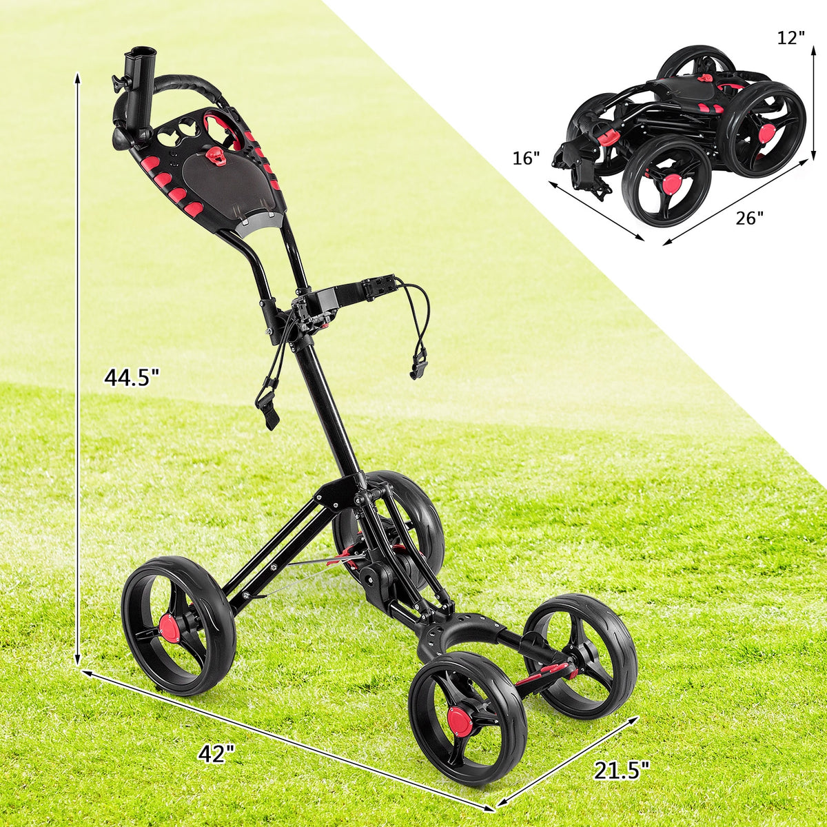 4 Wheel Folding Golf Push Cart Trolley with Adjustable Handle & Accessories