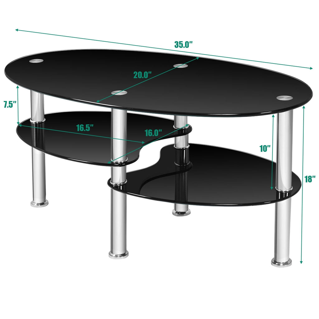 Tempered Glass Oval Coffee Table with Storage – Black