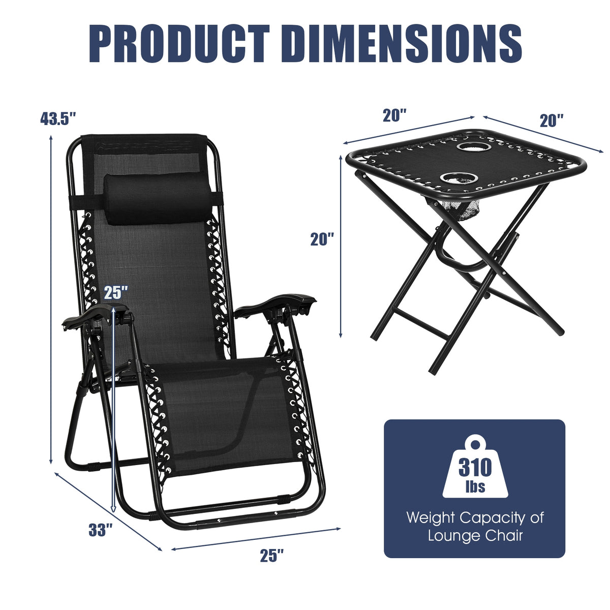 3 Pieces Folding Portable Zero Gravity Reclining Lounge Chairs Table