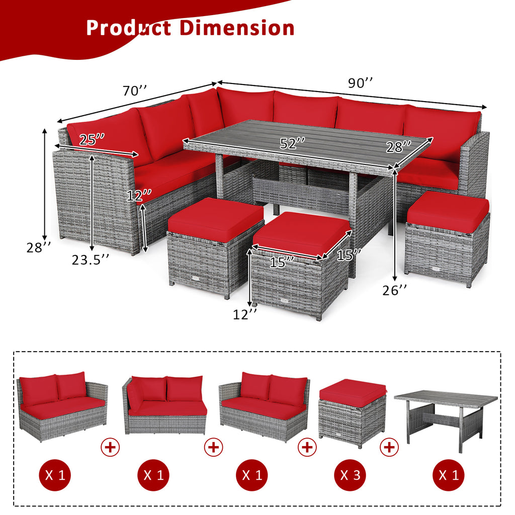 7 Pieces Outdoor Wicker Sectional Sofa Set with Dining Table