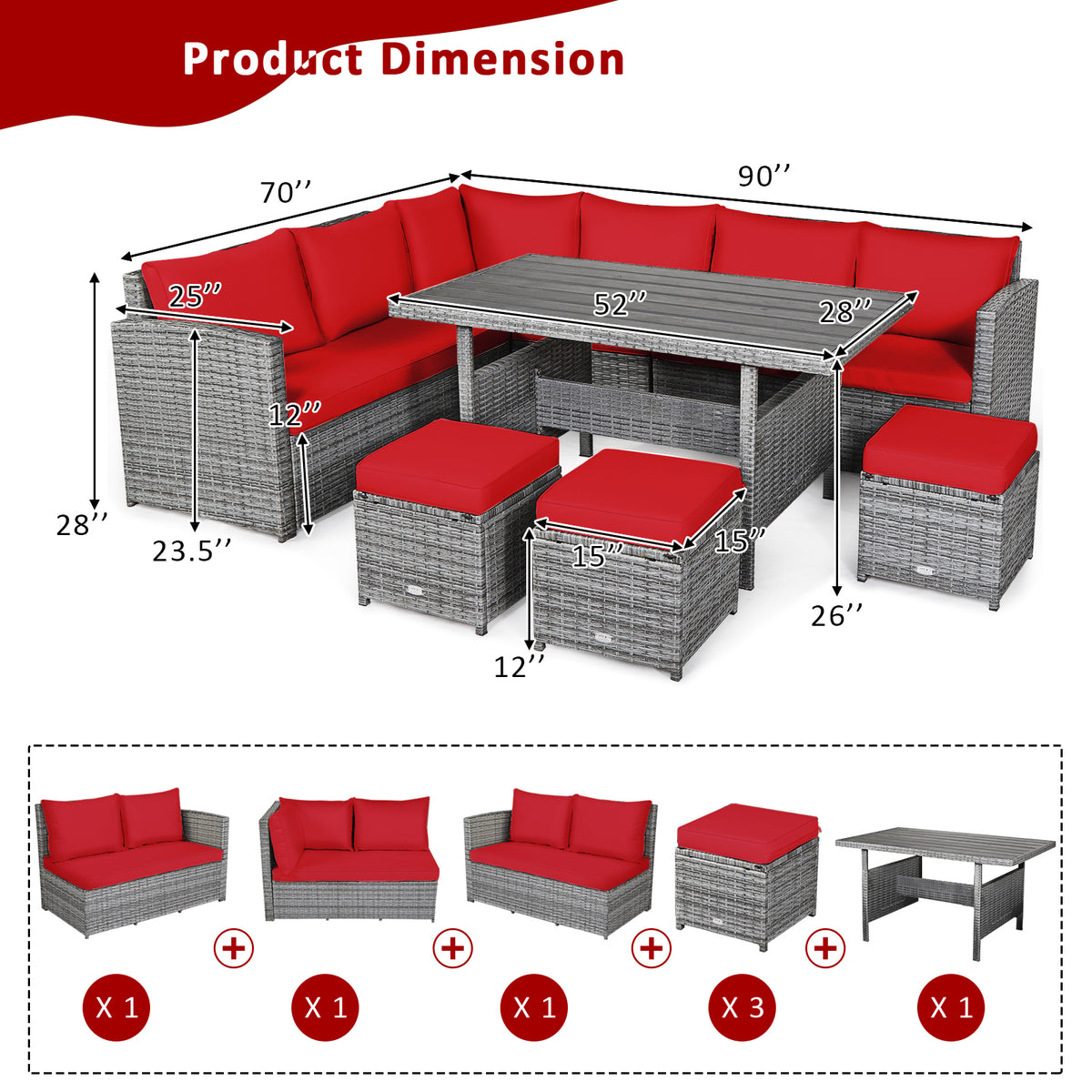7 Pieces Outdoor Wicker Sectional Sofa Set with Dining Table