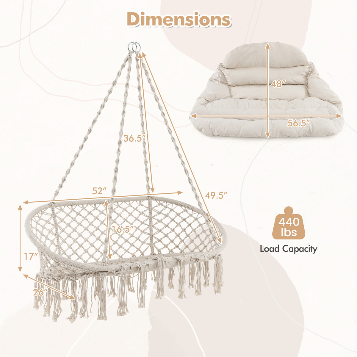 Hand-Woven Rope Hanging Chair with Thick Cushion and Folding Metal