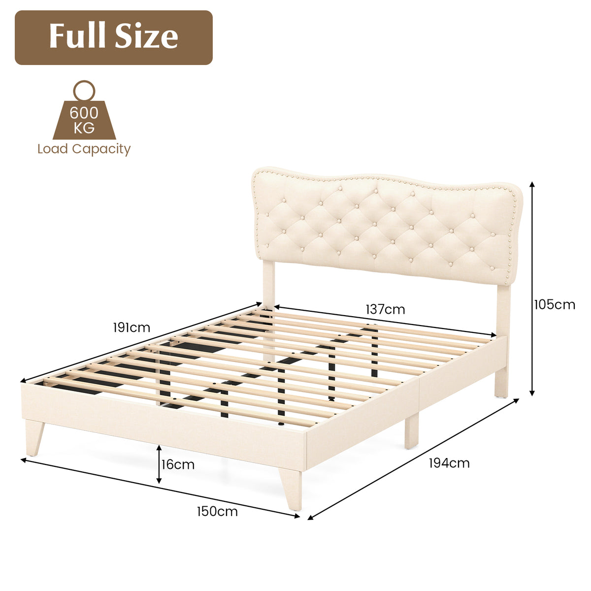 Full Size Bed Frame with Nail Headboard & Wooden Slats