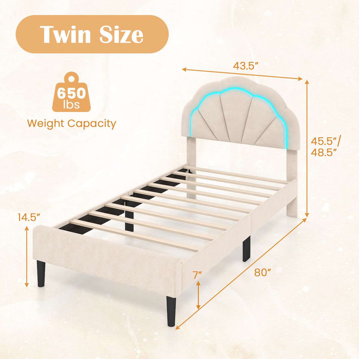 LED Bed Frame with Adjustable Headboard - Beige, Twin Size