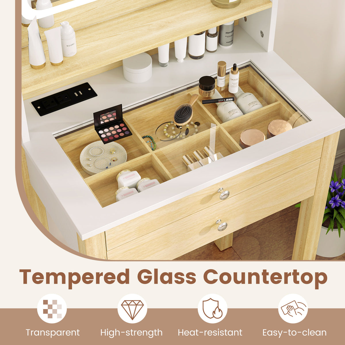 Small Vanity Desk with LED Lighted Mirror & Power Outlets, White