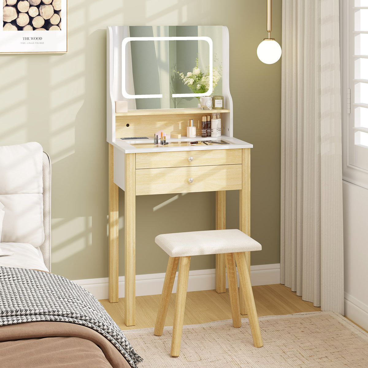 Small Vanity Desk with LED Lighted Mirror & Power Outlets, White
