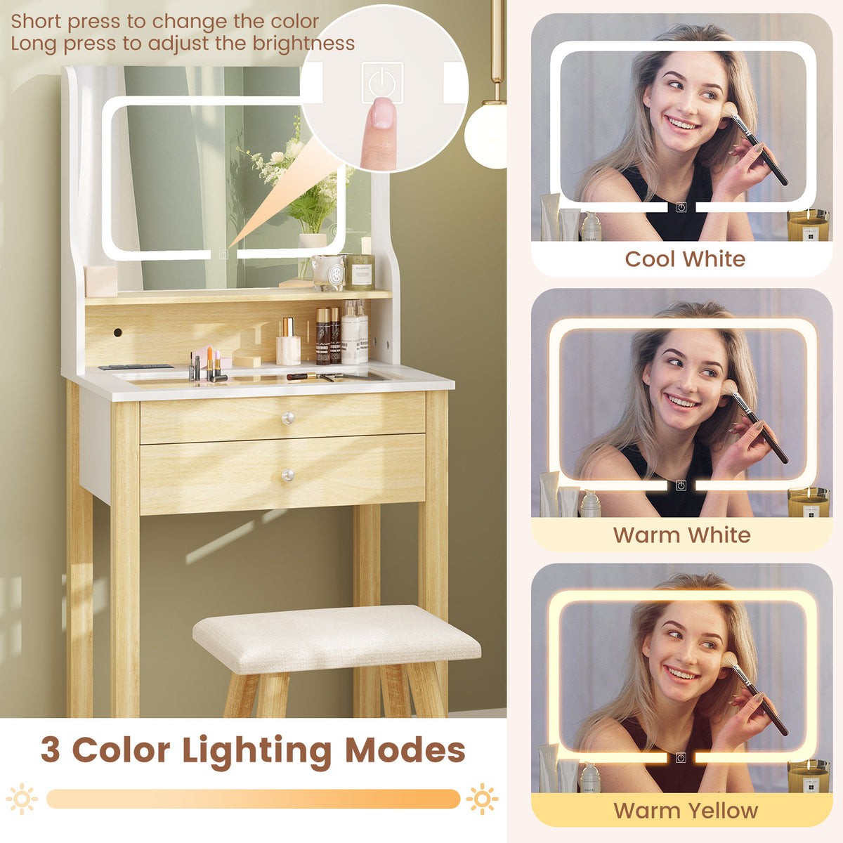 Small Vanity Desk with LED Lighted Mirror & Power Outlets, White