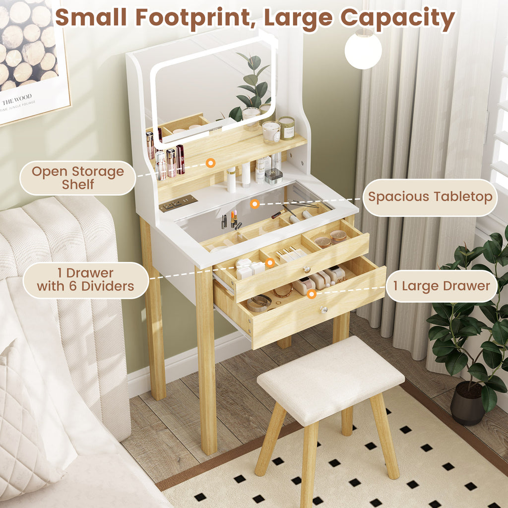 Small Vanity Desk with LED Lighted Mirror & Power Outlets, White