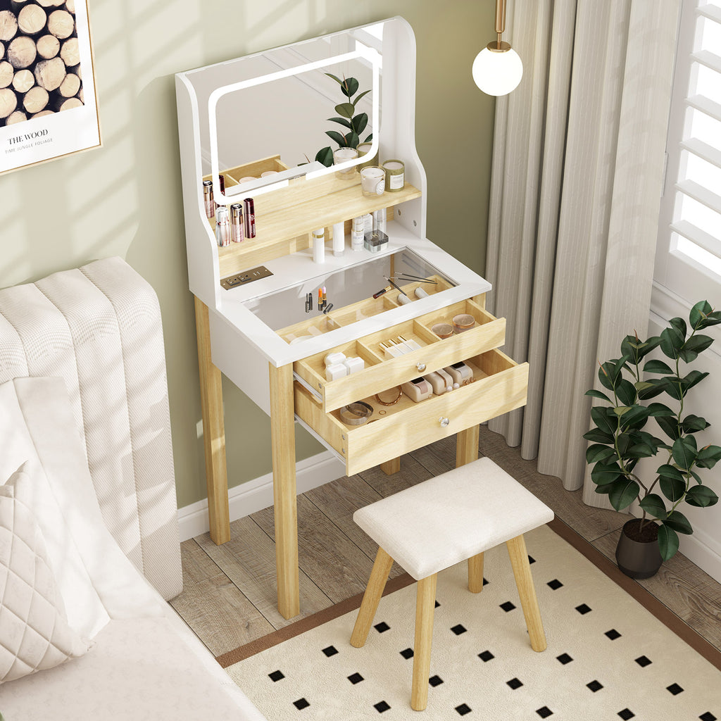 Small Vanity Desk with LED Lighted Mirror & Power Outlets, White