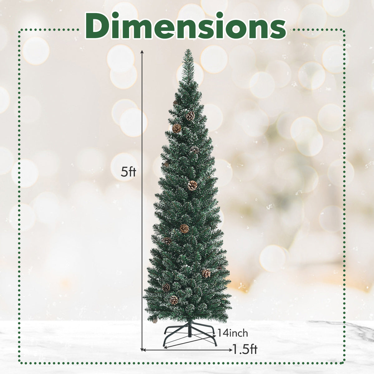 5 ft Snowy Artificial Pencil Christmas Tree with Pine Cones - Space-Saving Holiday Decor