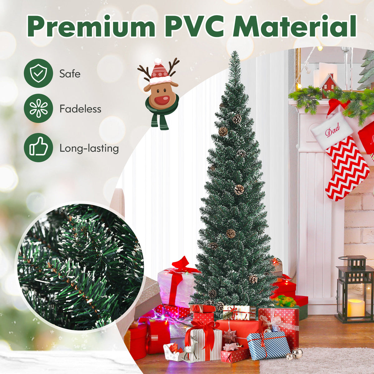 5 ft Snowy Artificial Pencil Christmas Tree with Pine Cones - Space-Saving Holiday Decor