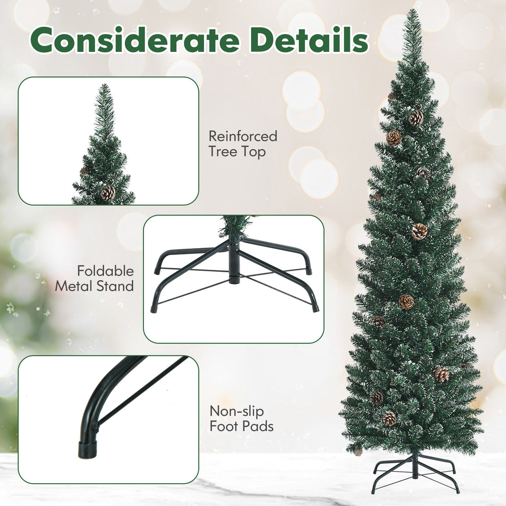 5 ft Snowy Artificial Pencil Christmas Tree with Pine Cones - Space-Saving Holiday Decor