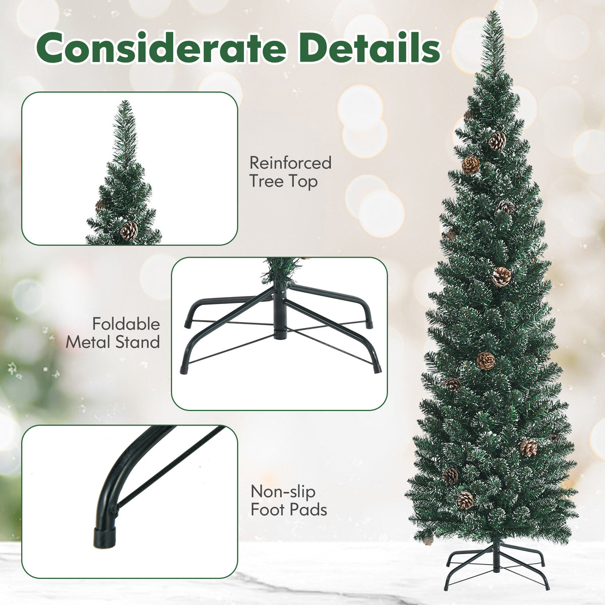 5 ft Snowy Artificial Pencil Christmas Tree with Pine Cones - Space-Saving Holiday Decor