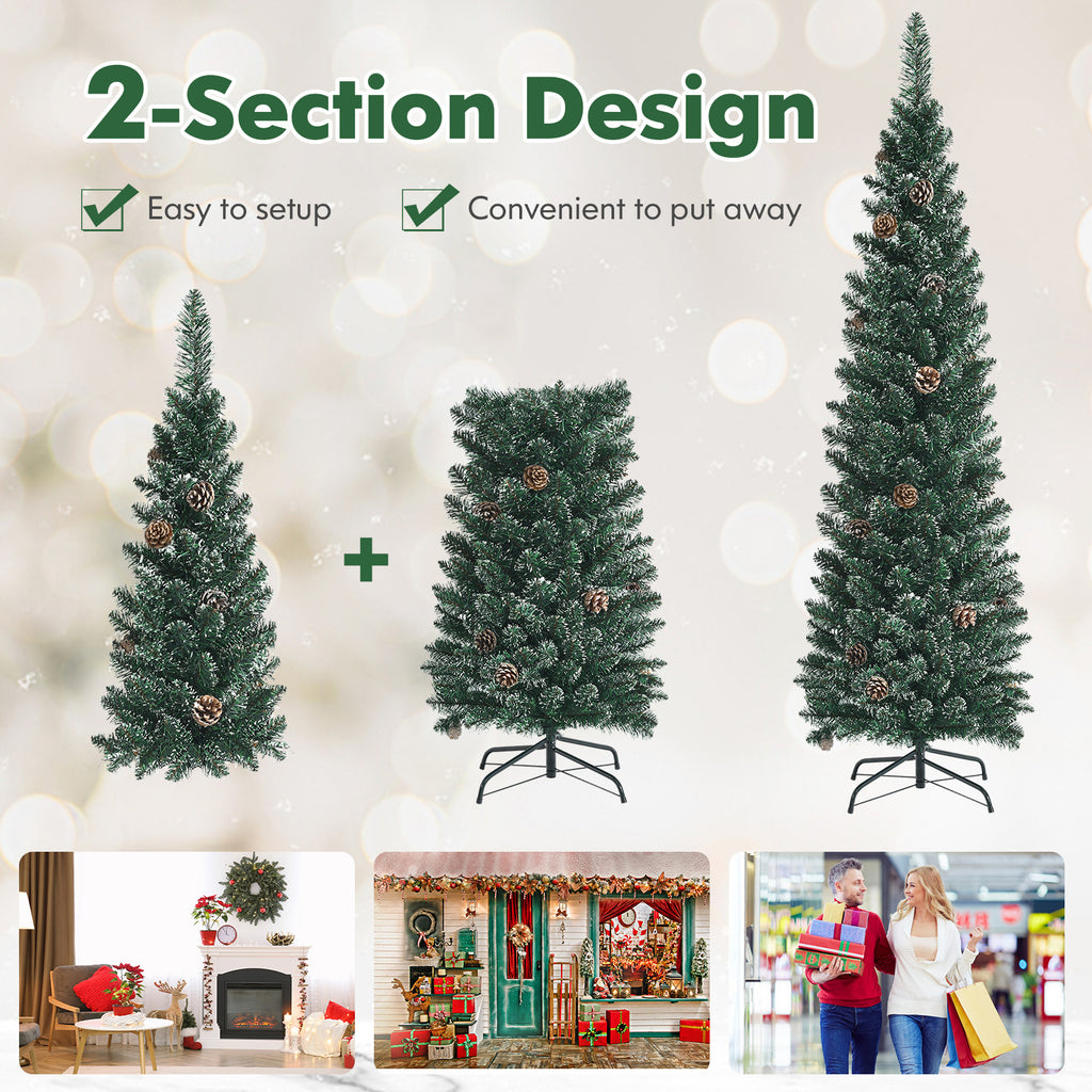 5 ft Snowy Artificial Pencil Christmas Tree with Pine Cones - Space-Saving Holiday Decor