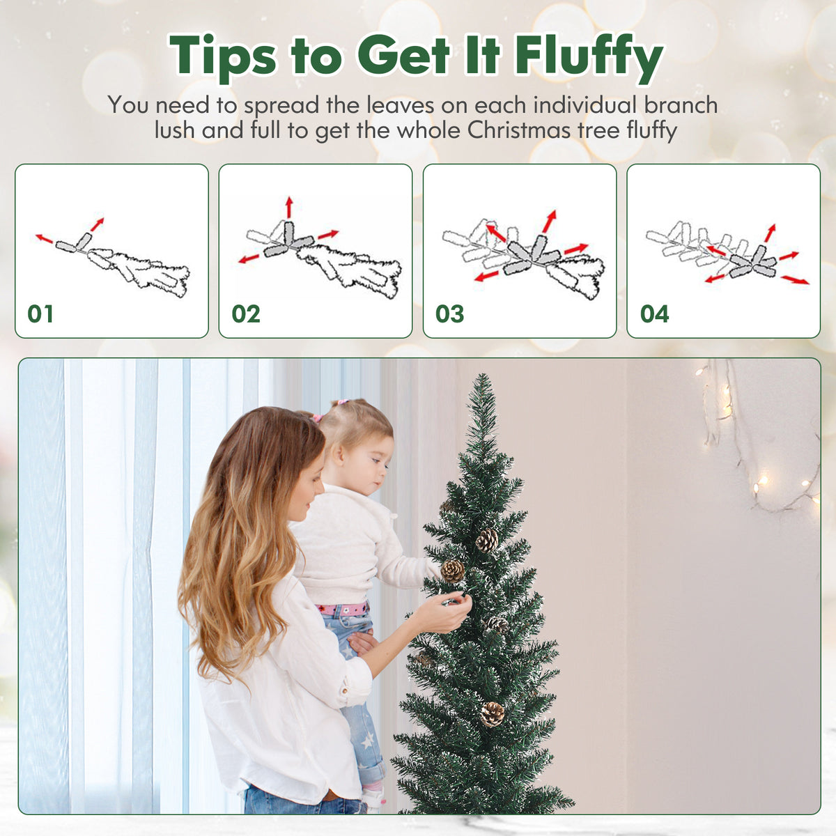 5 ft Snowy Artificial Pencil Christmas Tree with Pine Cones - Space-Saving Holiday Decor