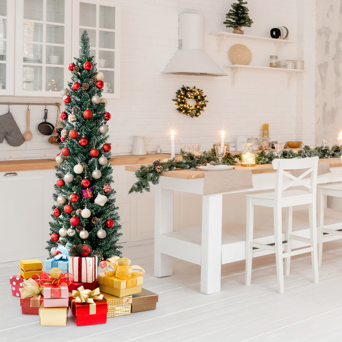 5 ft Snowy Artificial Pencil Christmas Tree with Pine Cones - Space-Saving Holiday Decor