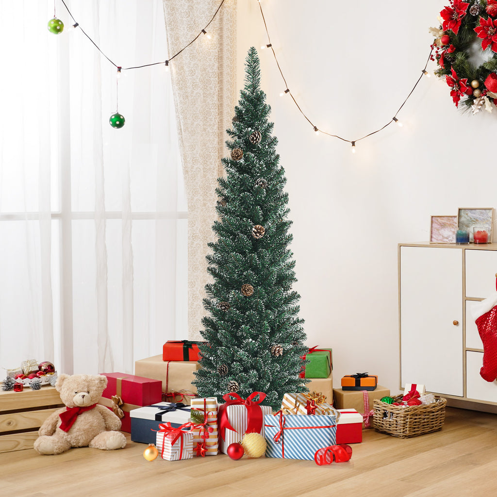 5 ft Snowy Artificial Pencil Christmas Tree with Pine Cones - Space-Saving Holiday Decor