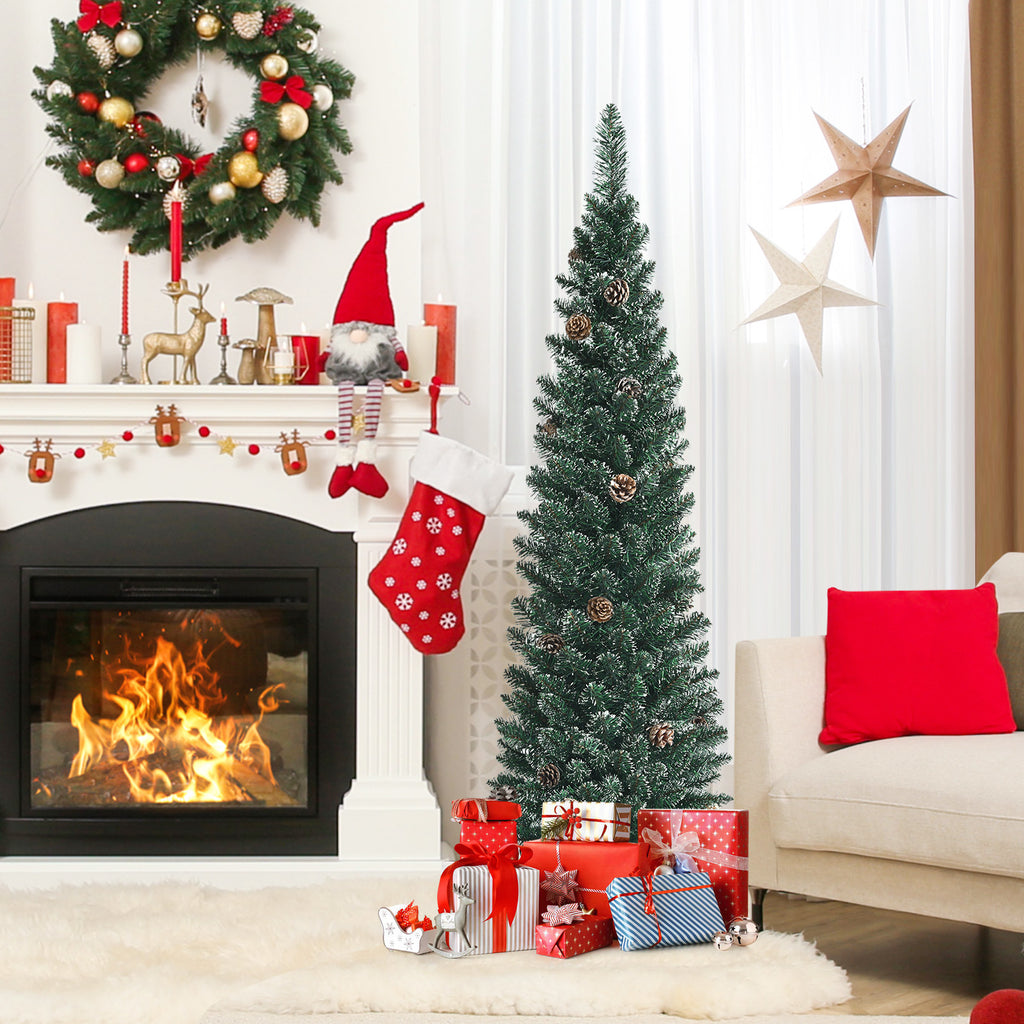 5 ft Snowy Artificial Pencil Christmas Tree with Pine Cones - Space-Saving Holiday Decor