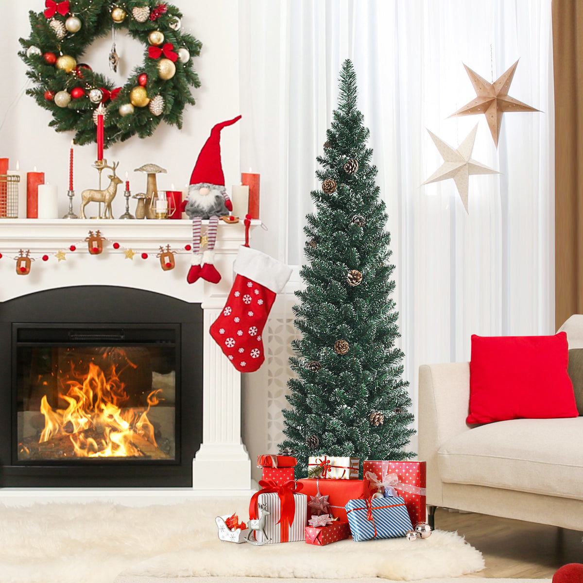 5 ft Snowy Artificial Pencil Christmas Tree with Pine Cones - Space-Saving Holiday Decor