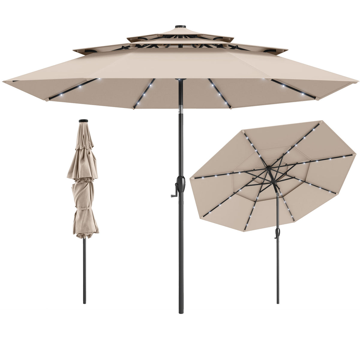 10 ft Solar Patio Umbrella with 32 LED Lights, 3-Tier, Beige