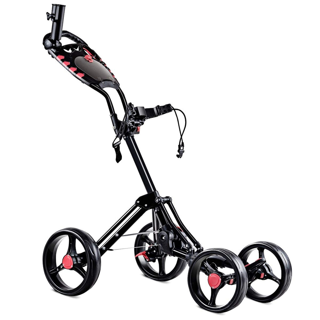 4 Wheel Folding Golf Push Cart Trolley with Adjustable Handle & Accessories