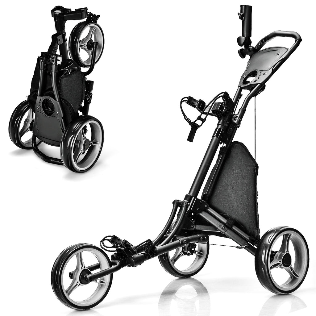Costway 3 Wheels Folding Golf Push Cart with Storage Bag & Scoreboard - Gray