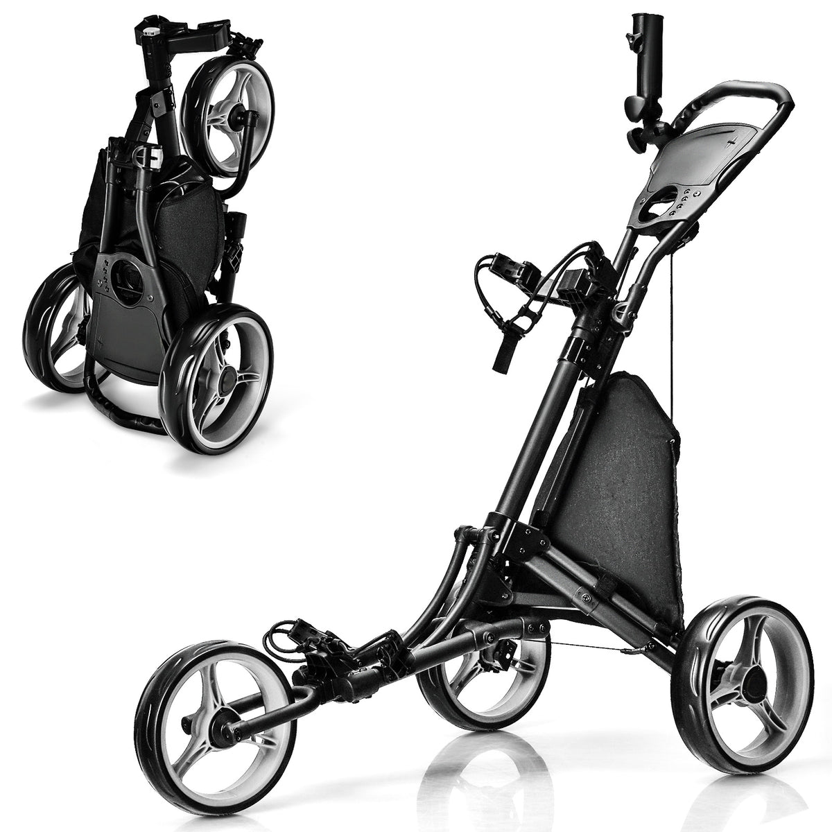 Costway 3 Wheels Folding Golf Push Cart with Storage Bag & Scoreboard - Gray