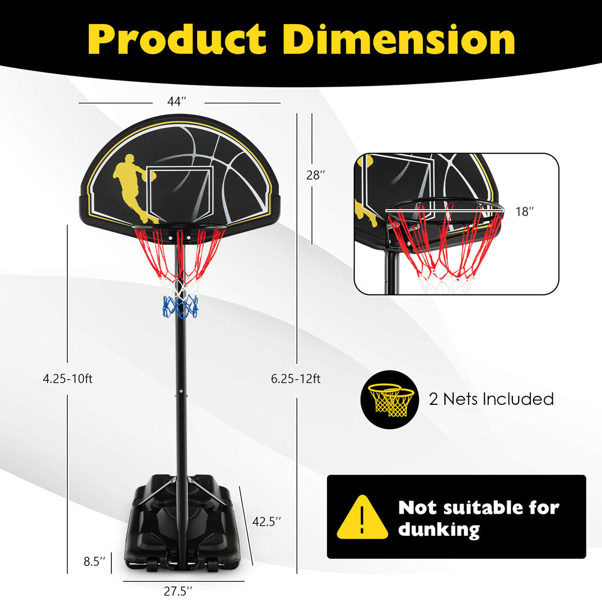 Portable Adjustable Basketball Hoop System 4.25-10 Ft with Backboard & Rim