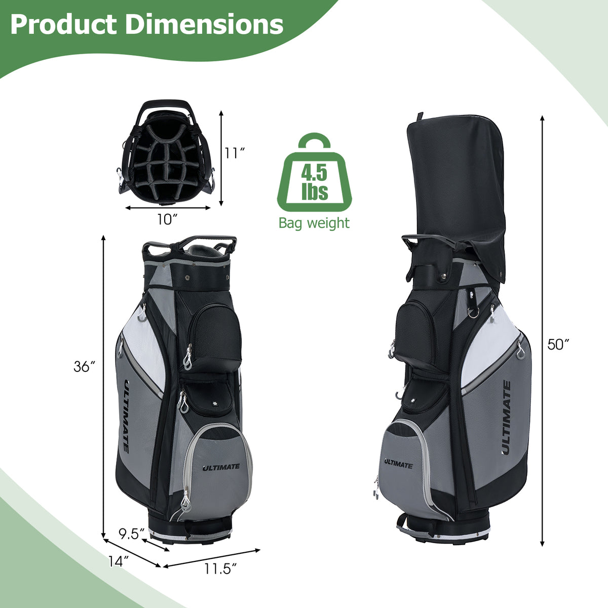 14-Way Golf Cart Stand Bag with Waterproof Rain Hood - Durable & Spacious
