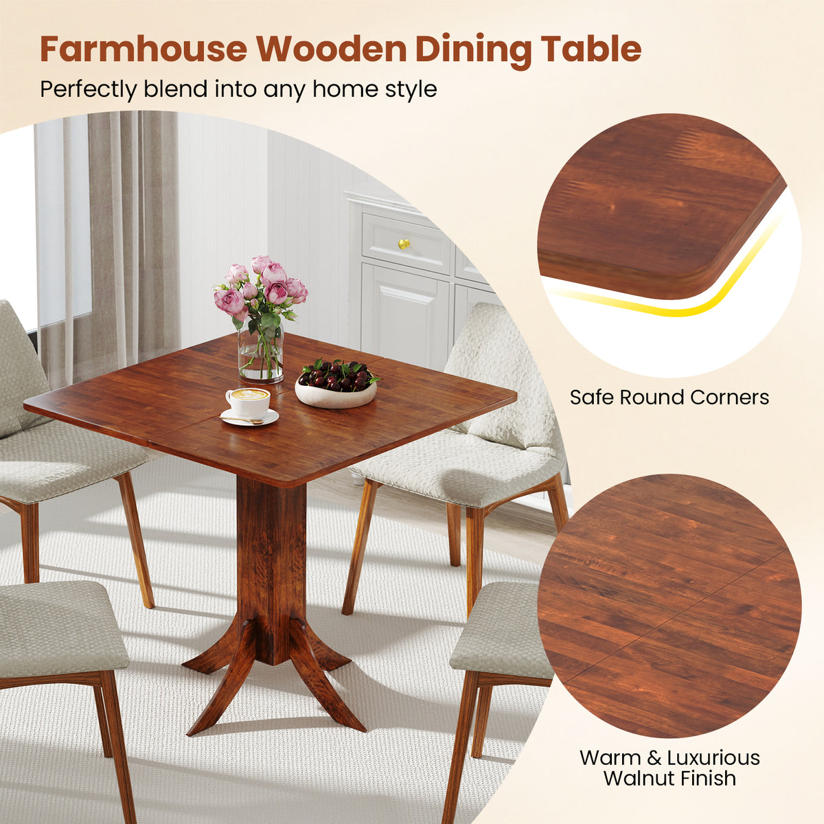 Square Dining Table with Pedestal Base, Walnut