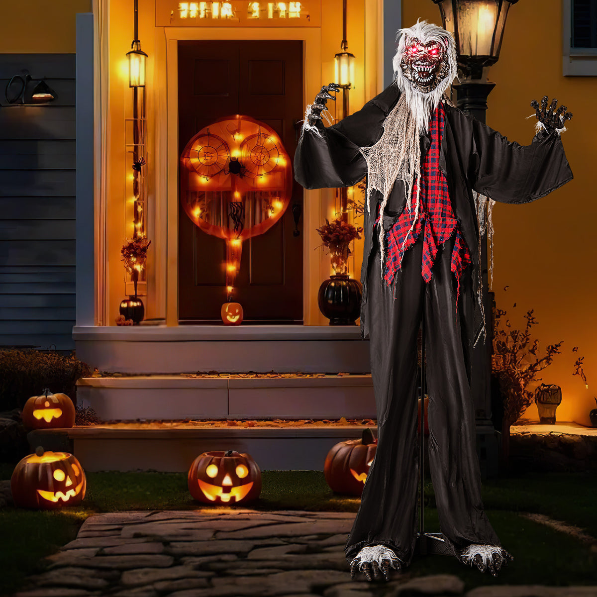 Halloween Animatronic Werewolf Standee with Howling Sounds, Red Eyes & Poseable Arms - Costway