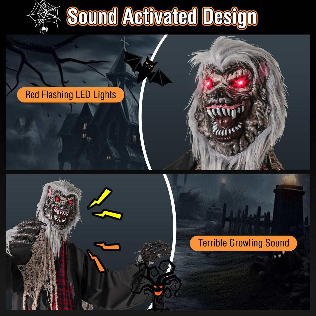 Halloween Animatronic Werewolf Standee with Howling Sounds, Red Eyes & Poseable Arms - Costway