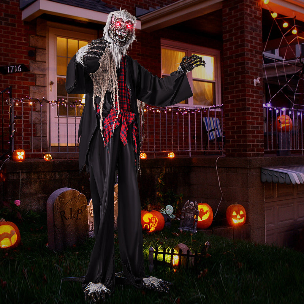 Halloween Animatronic Werewolf Standee with Howling Sounds, Red Eyes & Poseable Arms - Costway