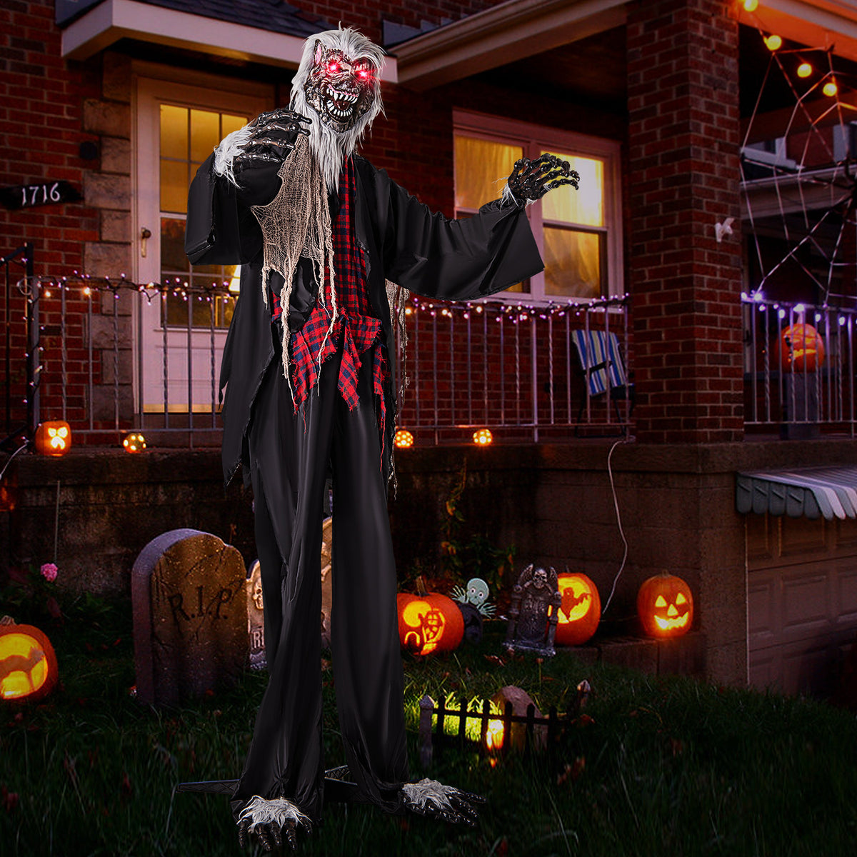 Halloween Animatronic Werewolf Standee with Howling Sounds, Red Eyes & Poseable Arms - Costway