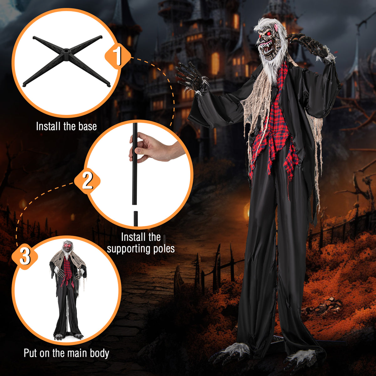 Halloween Animatronic Werewolf Standee with Howling Sounds, Red Eyes & Poseable Arms - Costway
