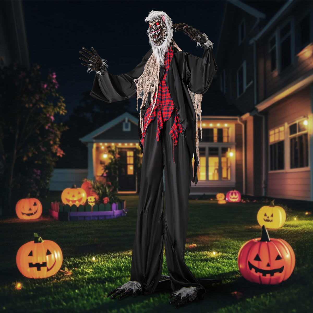 Halloween Animatronic Werewolf Standee with Howling Sounds, Red Eyes & Poseable Arms - Costway