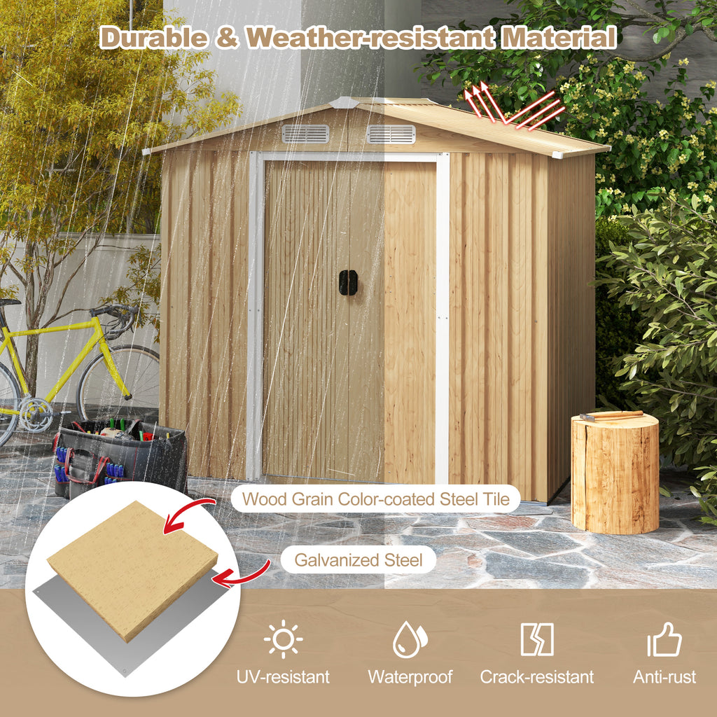 6 x 4 Feet Galvanized Steel Storage Shed with Lockable Sliding Doors - Natural